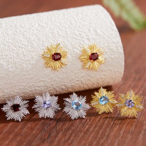 S925 Sterling Silver Stud Earrings with Natural Garnet Tanzanite and Topaz Gemstones